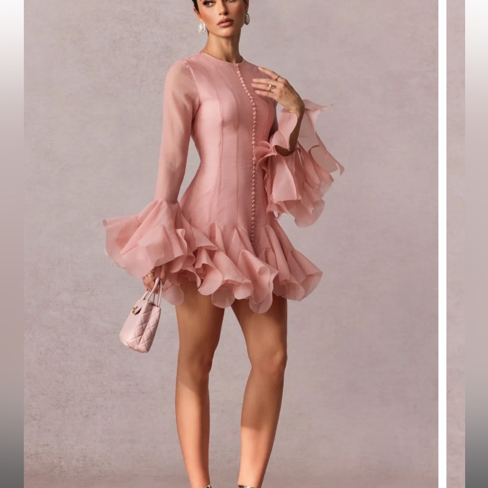 Chic Long Sleeve Pink Ruffle Dress